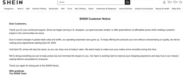 卓信宝配资 希音、Temu告知美国消费者4月25日起涨价：关税变化导致运营成本上升
